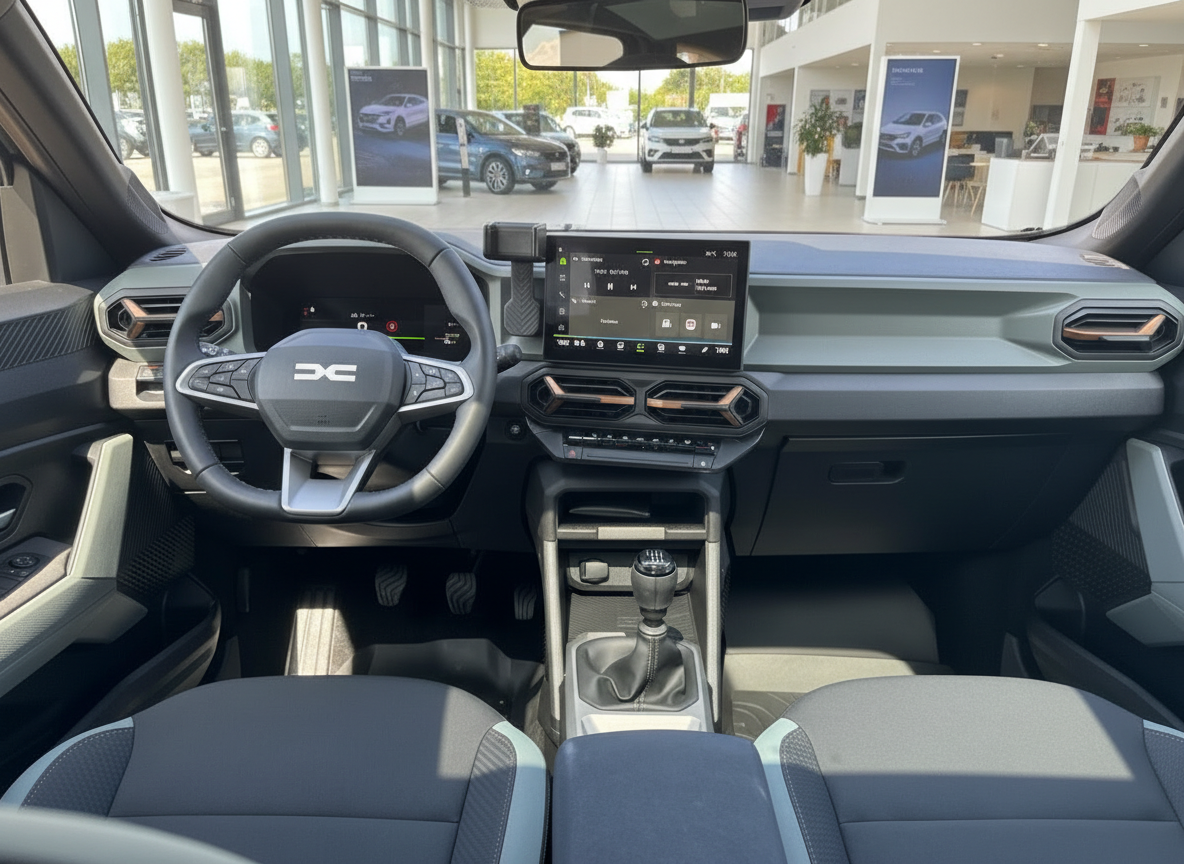 Dacia Innenraum mit Lenkrad, Touchscreen und Schaltgetriebe im Autohaus