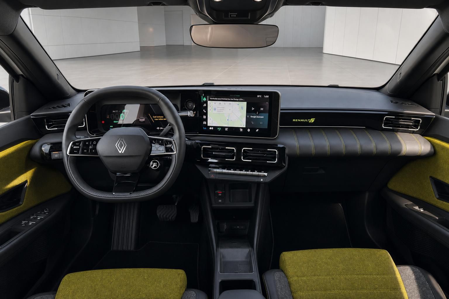 Renault 5 Innenraum mit Cockpit, Lenkrad und Infotainment-Display