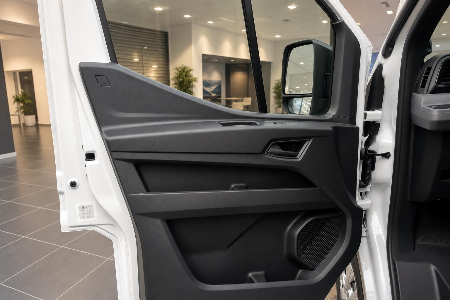 Türverkleidung und Seitenspiegel eines weißen Transporters im Detail