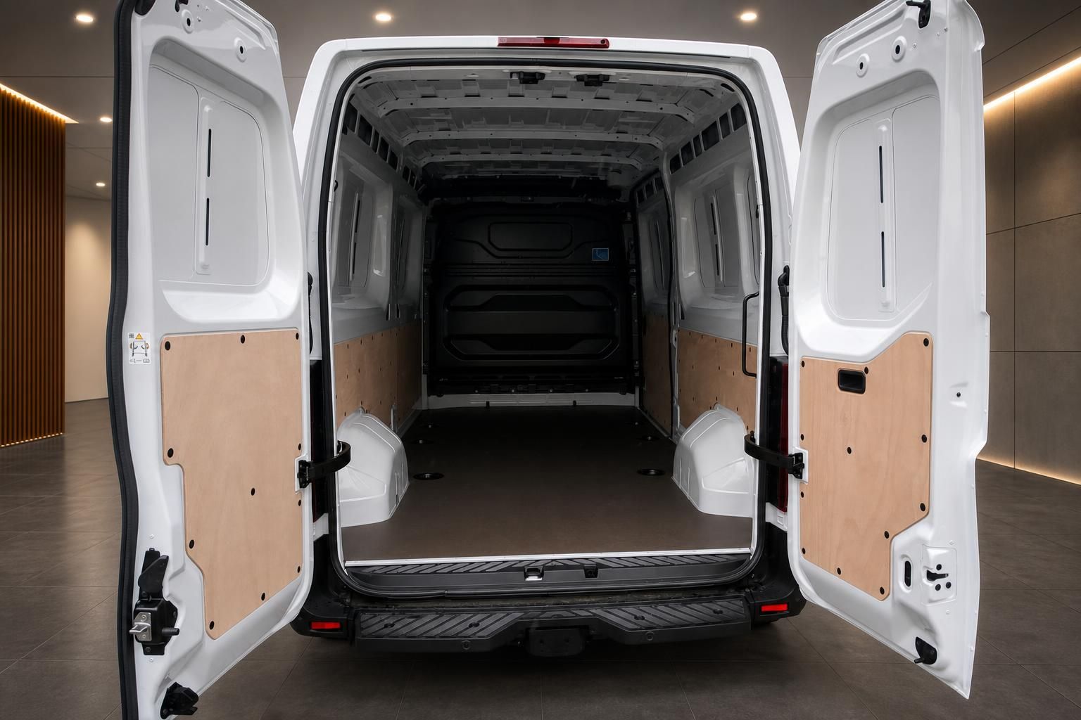 Laderaum Transporter mit geoeffneten Hecktueren und Holzverkleidung im Innenraum