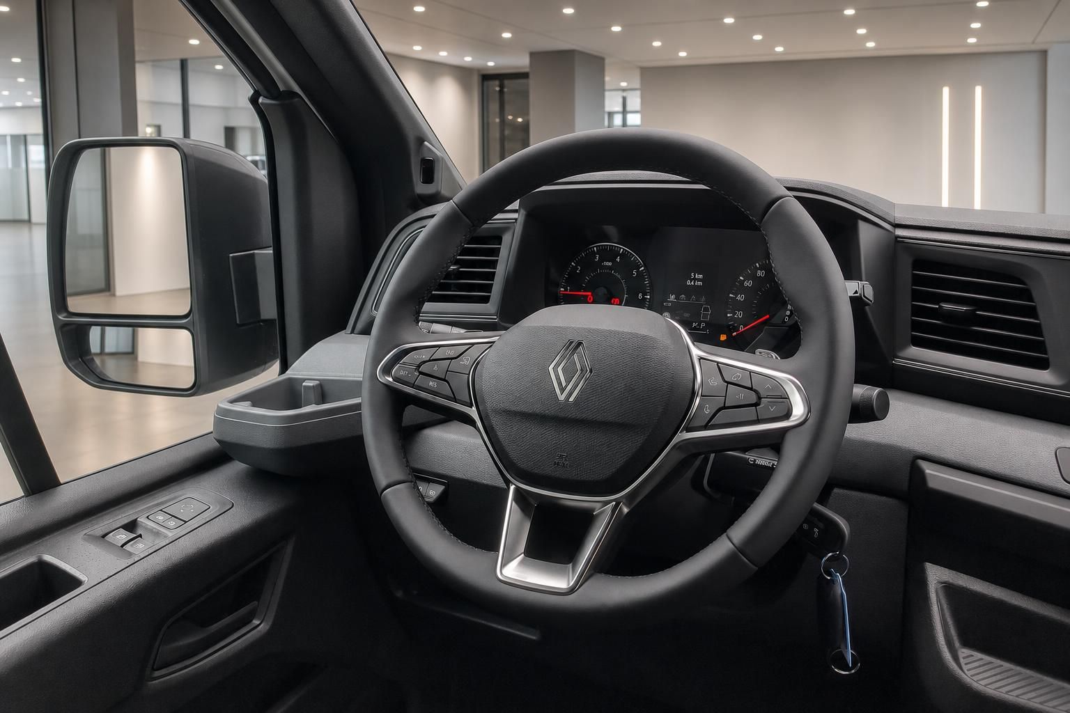 Lenkrad und Armaturenbrett eines Renault Nutzfahrzeugs im Detail