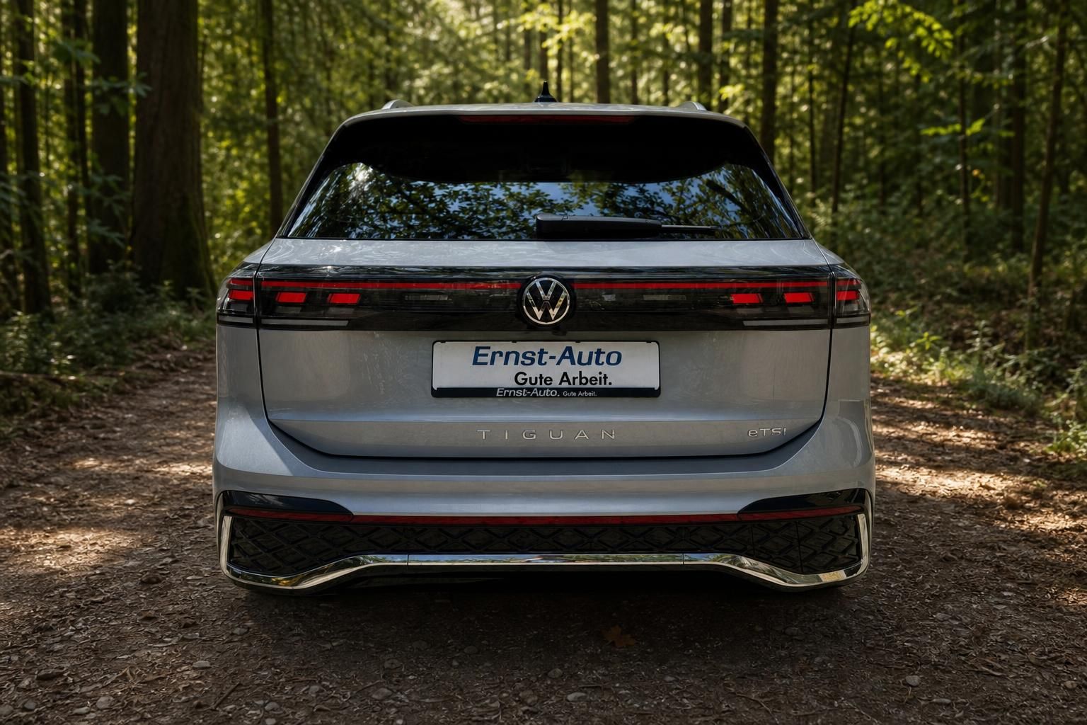 Volkswagen Tiguan eTSI Heckansicht in grau im Waldgelände - Ernst-Auto Gebrauchtwagen