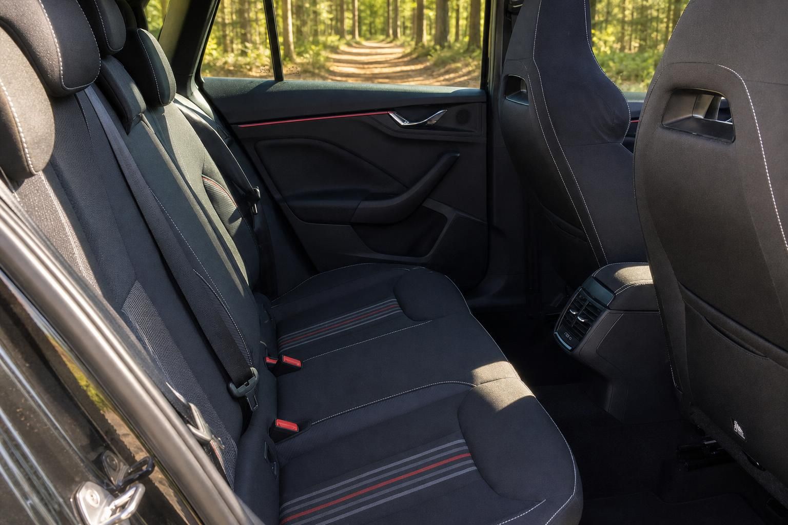 Skoda Fond mit schwarzer Ausstattung und roten Details - Rücksitze Innenraum