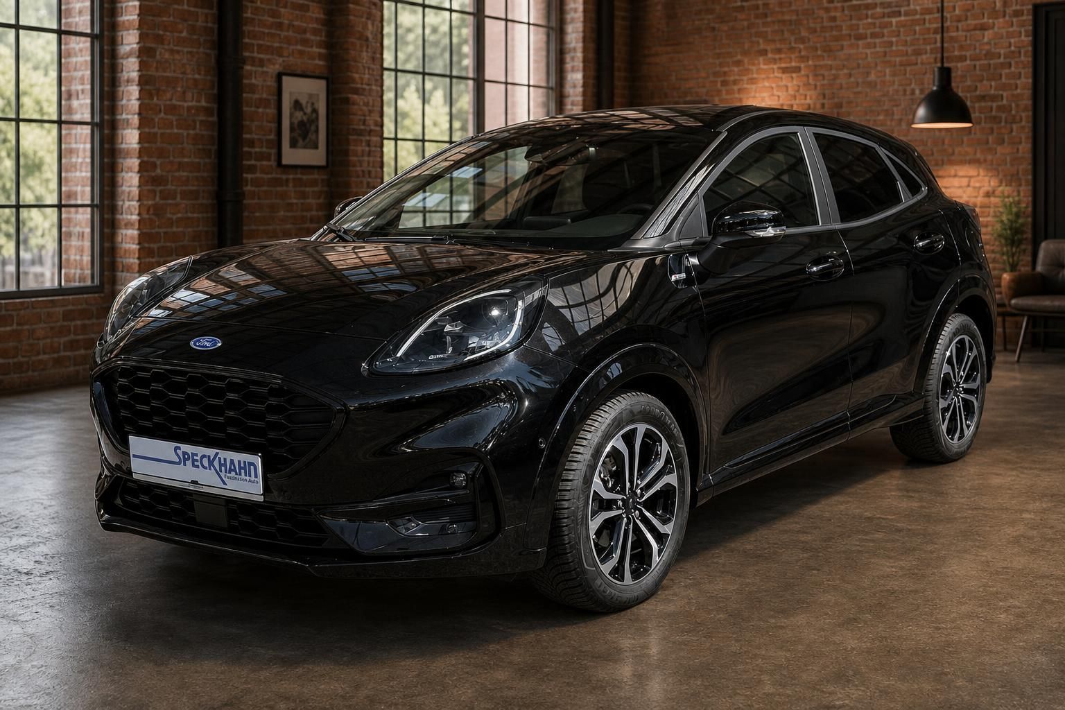 Ford Puma schwarz Frontansicht in Loft-Ausstellungsraum