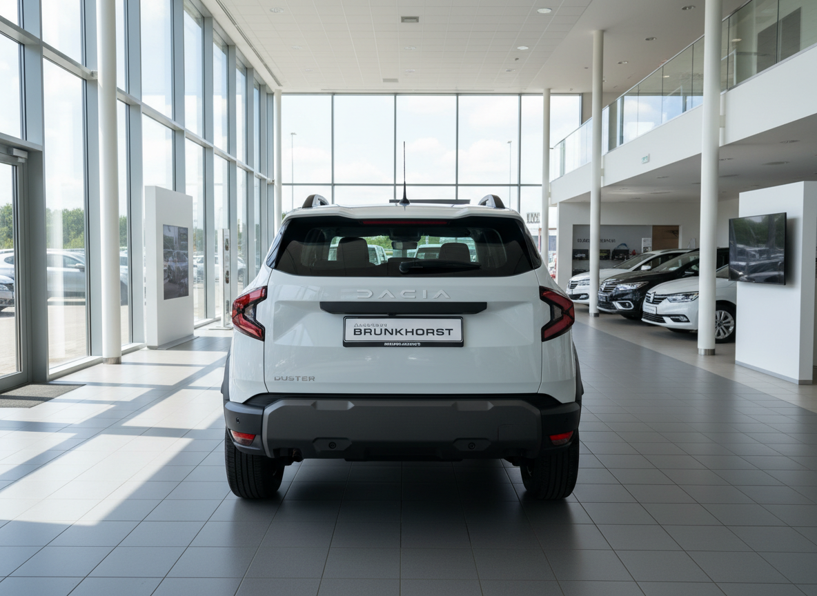 Dacia Duster SUV weiß Heckansicht im Autohaus Brunkhorst Showroom