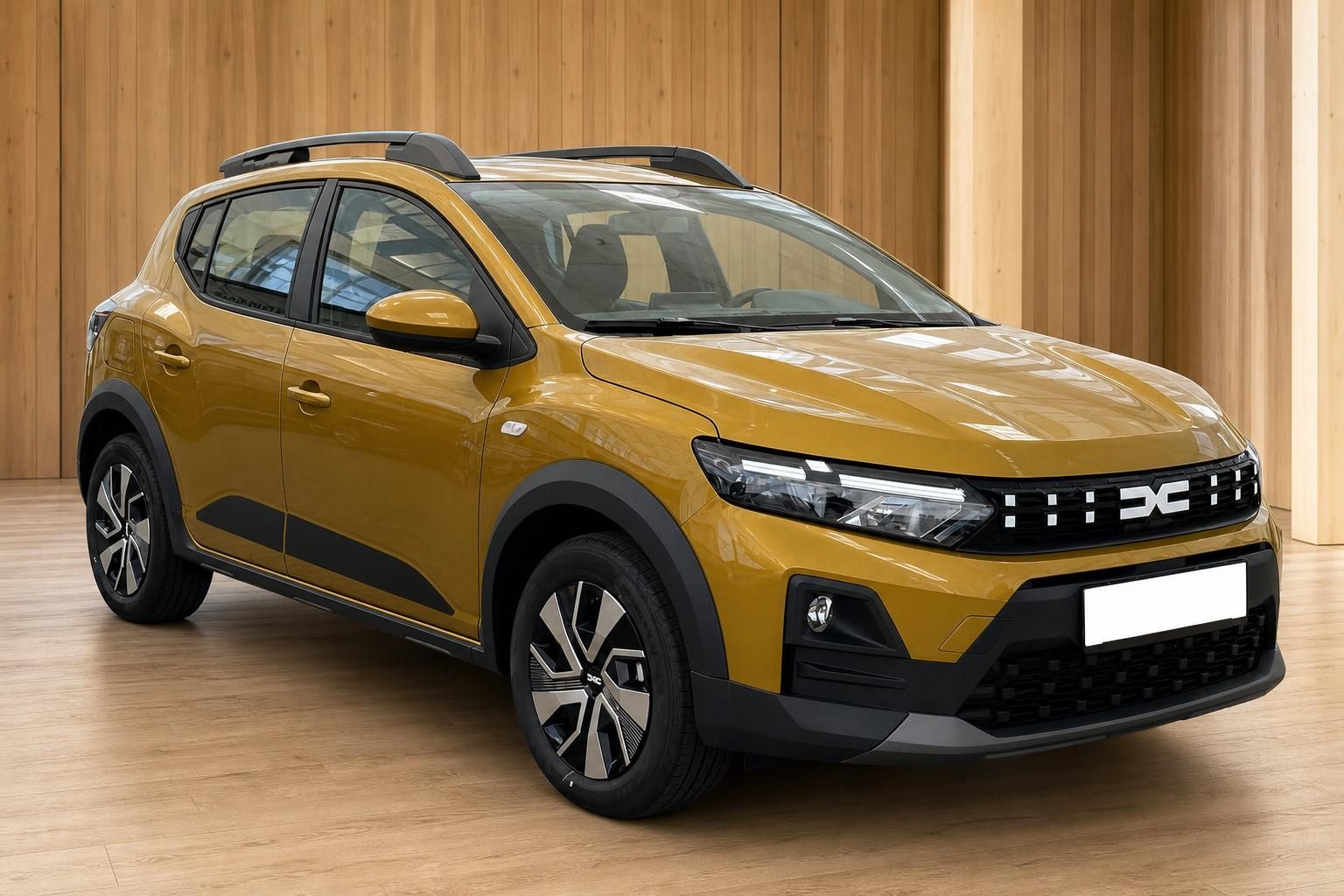 Dacia Sandero Stepway gelb Frontansicht schraeg im Showroom