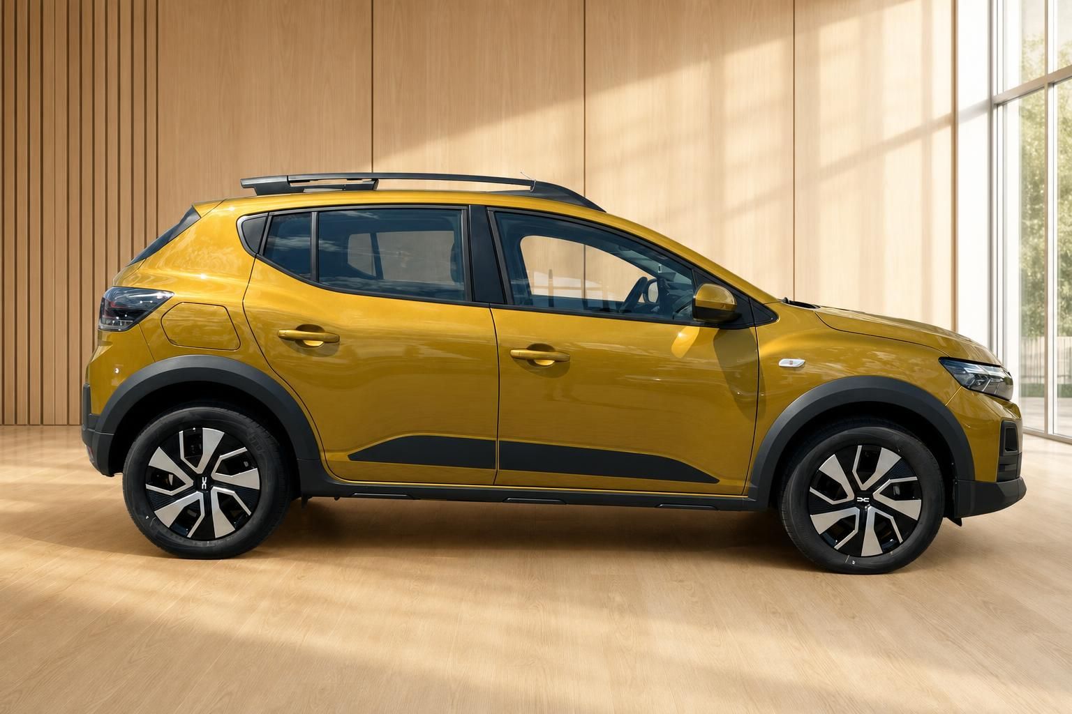 Dacia Sandero Stepway gelb Seitenansicht im Showroom