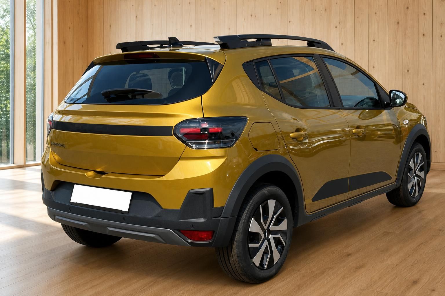 Dacia Sandero Stepway gelb Heckansicht schraeg im Showroom