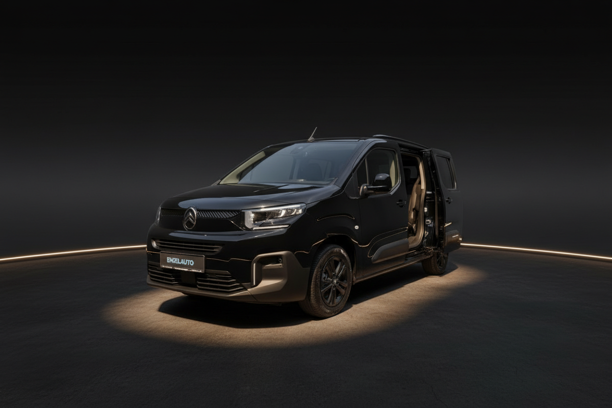 Schwarzer Citroën Spacetourer Van mit geöffneter Schiebetür in professioneller Studiobeleuchtung
