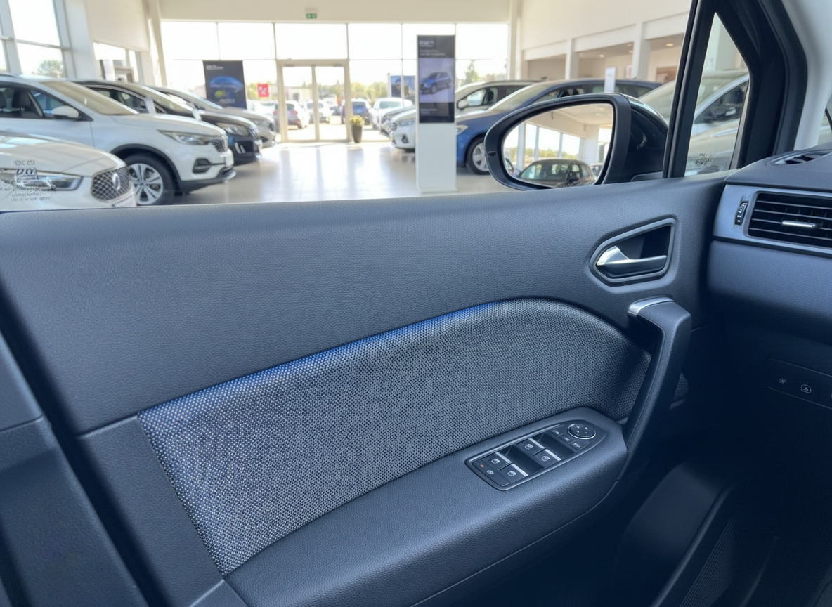 Fahrzeuginnenraum Fahrertür mit Fensterheber-Schaltern und blauer Ambientebeleuchtung im Autohaus