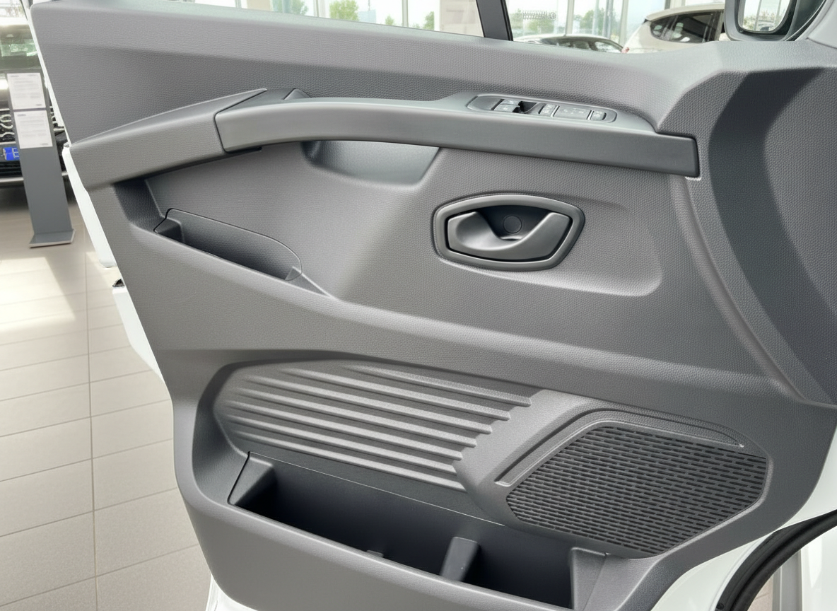 Fahrzeugtür Innenraum mit Türgriff, Fensterheber und Lautsprecher in grauem Kunststoff