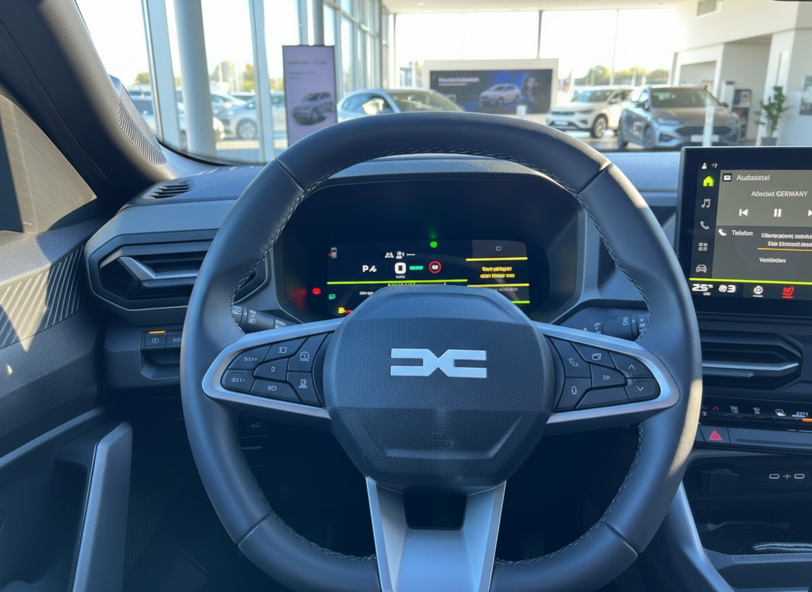 Dacia Innenraum mit digitalem Cockpit und Lenkrad im Autohaus