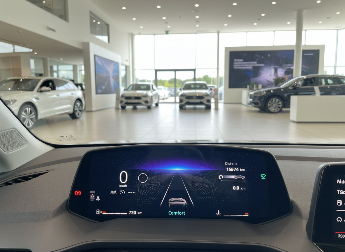 VW Volkswagen Cockpit Digitales Kombiinstrument mit Comfort-Modus in modernem Autohaus