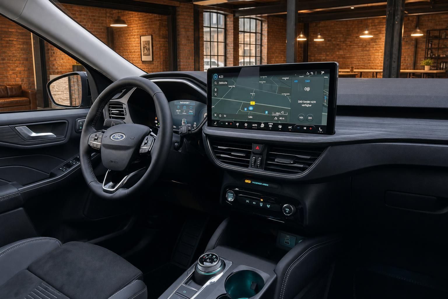 Ford Cockpit mit Lenkrad, Touchscreen Navigation und Mittelkonsole im Detail
