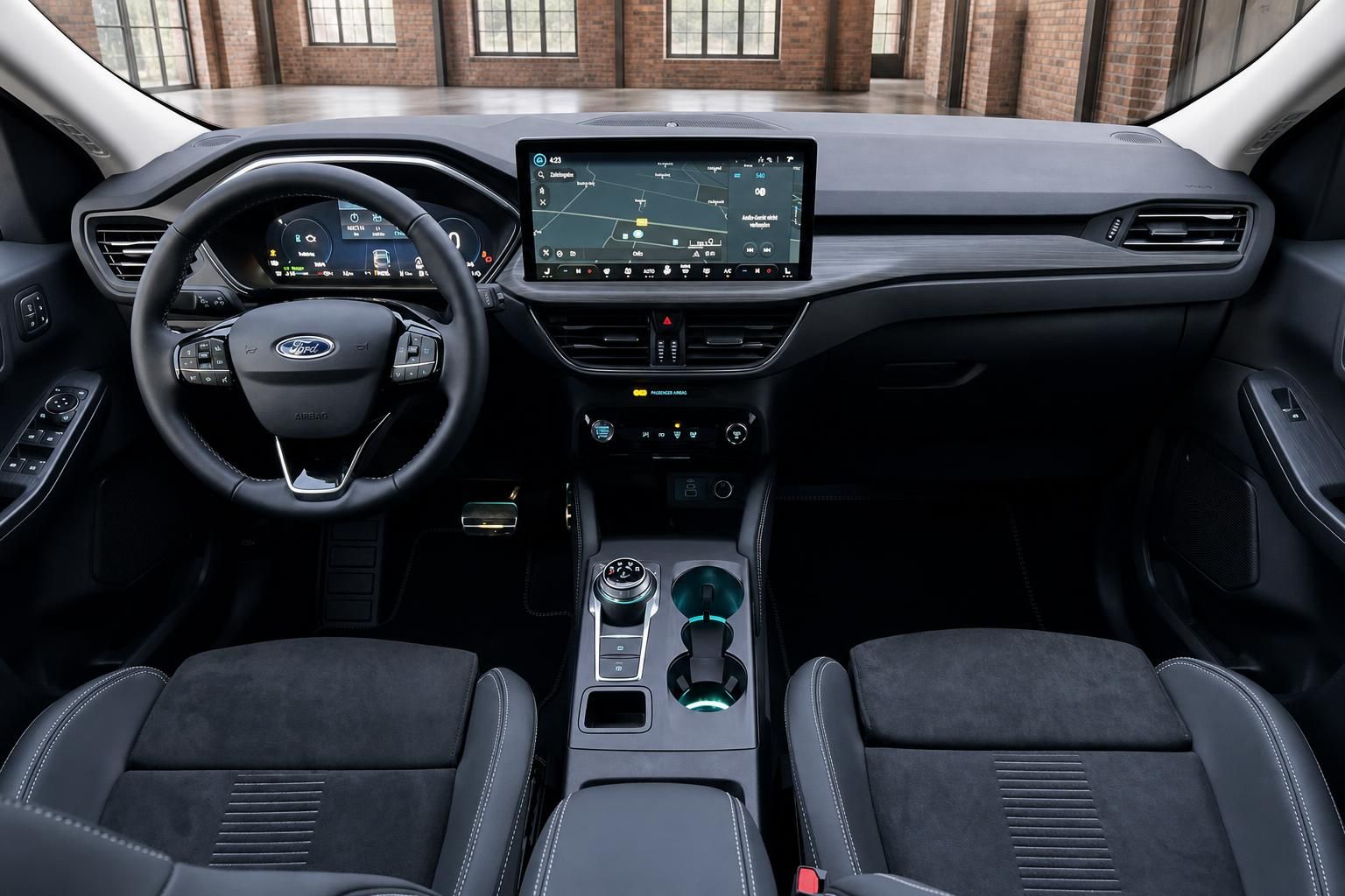Ford Innenraum Frontansicht mit Lenkrad, Touchscreen und Vordersitzen