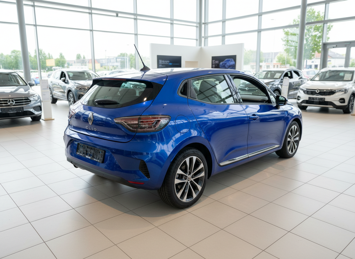 Renault Clio V in Blau metallic – Heckansicht im Autohaus-Showroom