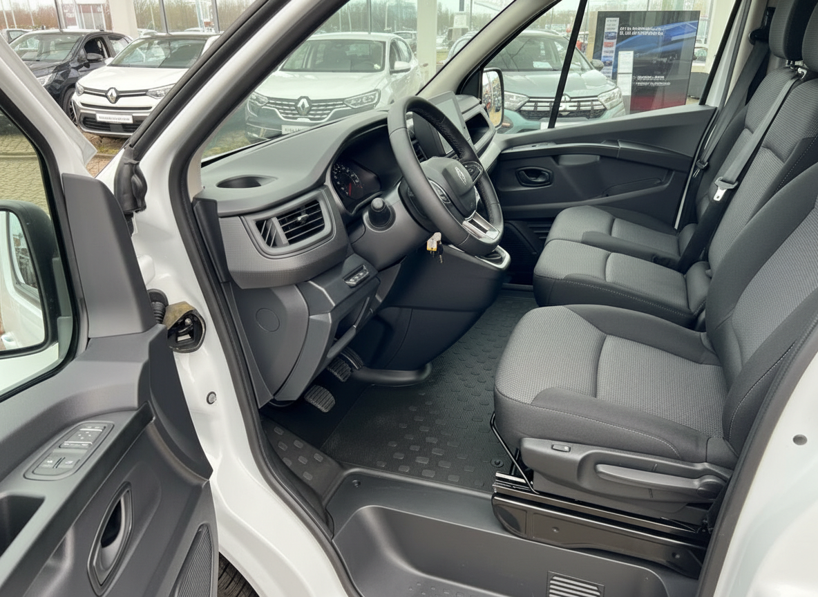Renault Master Innenraum Fahrerseite mit grauem Stoff-Sitz und Lenkrad
