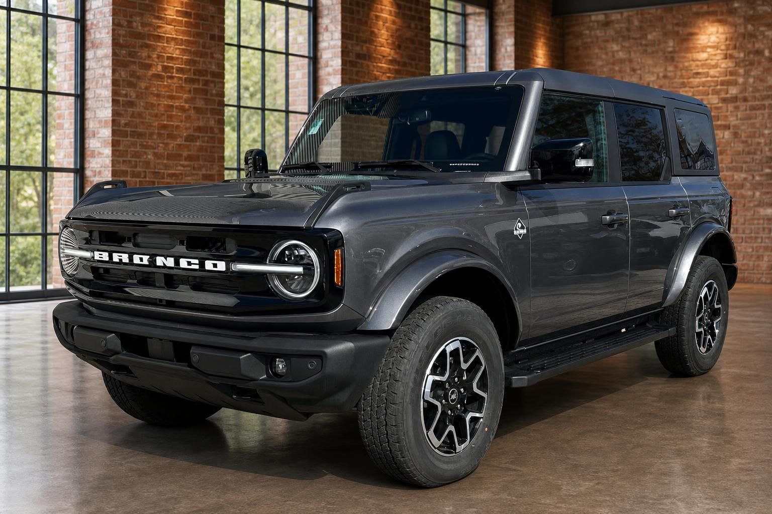 Ford Bronco SUV dunkelgrau Frontansicht schräg mit BRONCO-Schriftzug auf Kühlergrill im Loft