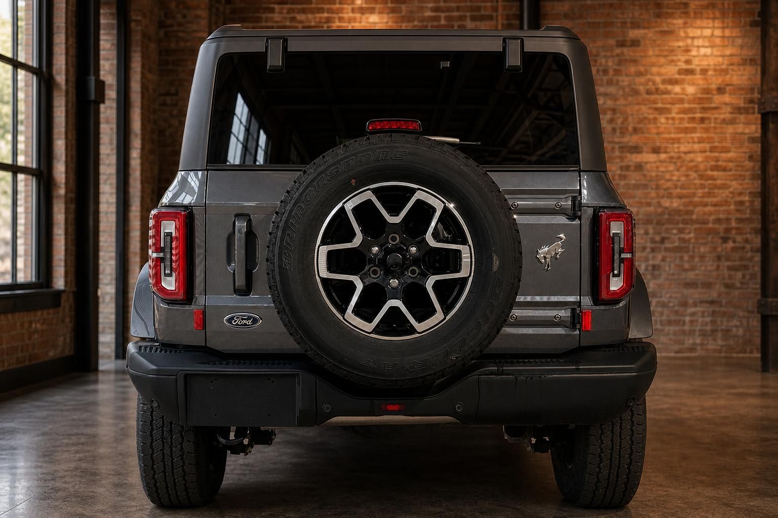 Ford Bronco SUV grau direkte Heckansicht mit Reserverad Bridgestone und LED-Rückleuchten