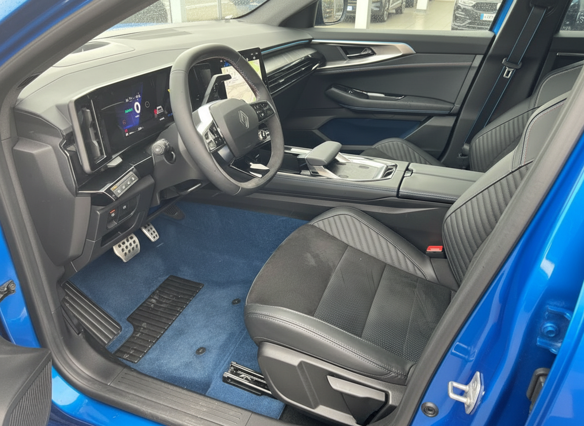 Renault Innenraum mit digitalem Cockpit, schwarzen Ledersitzen und blauem Teppich