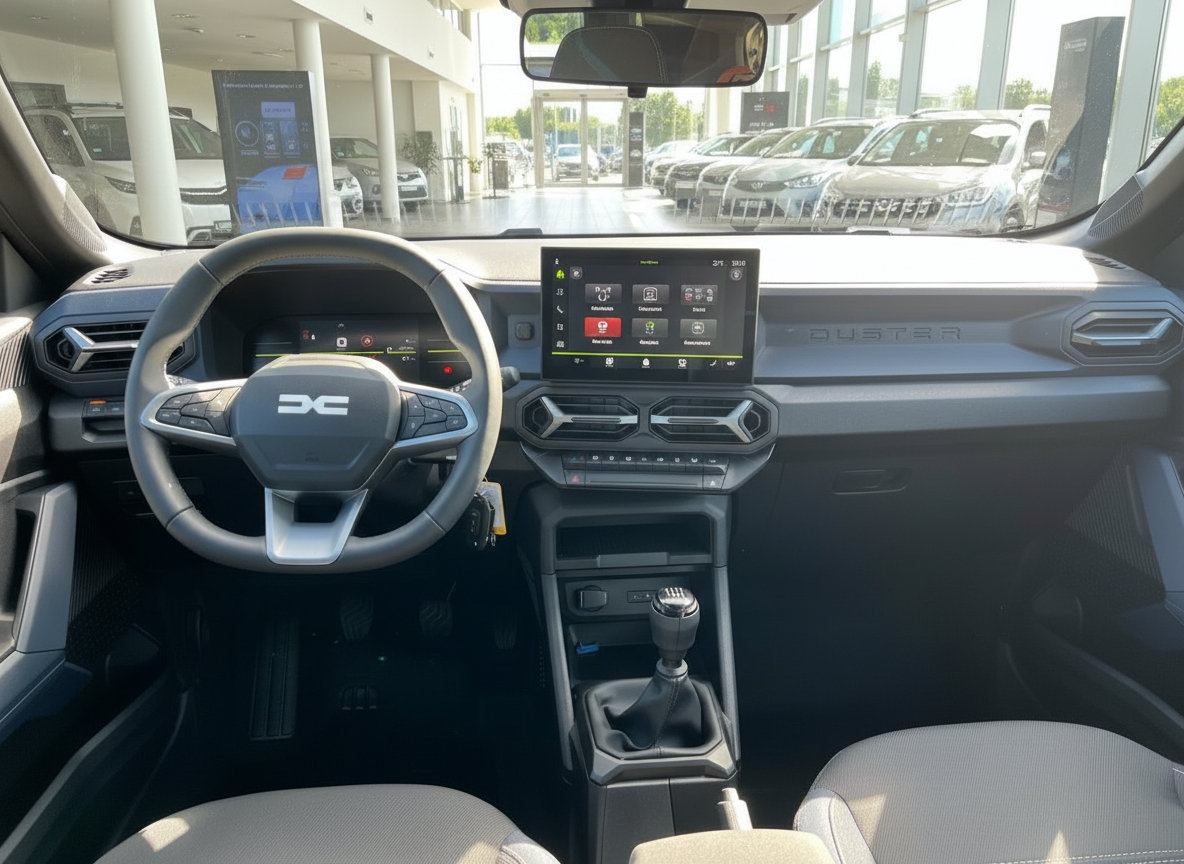Dacia Duster Innenraum mit Touchscreen, Schaltgetriebe und modernem Cockpit