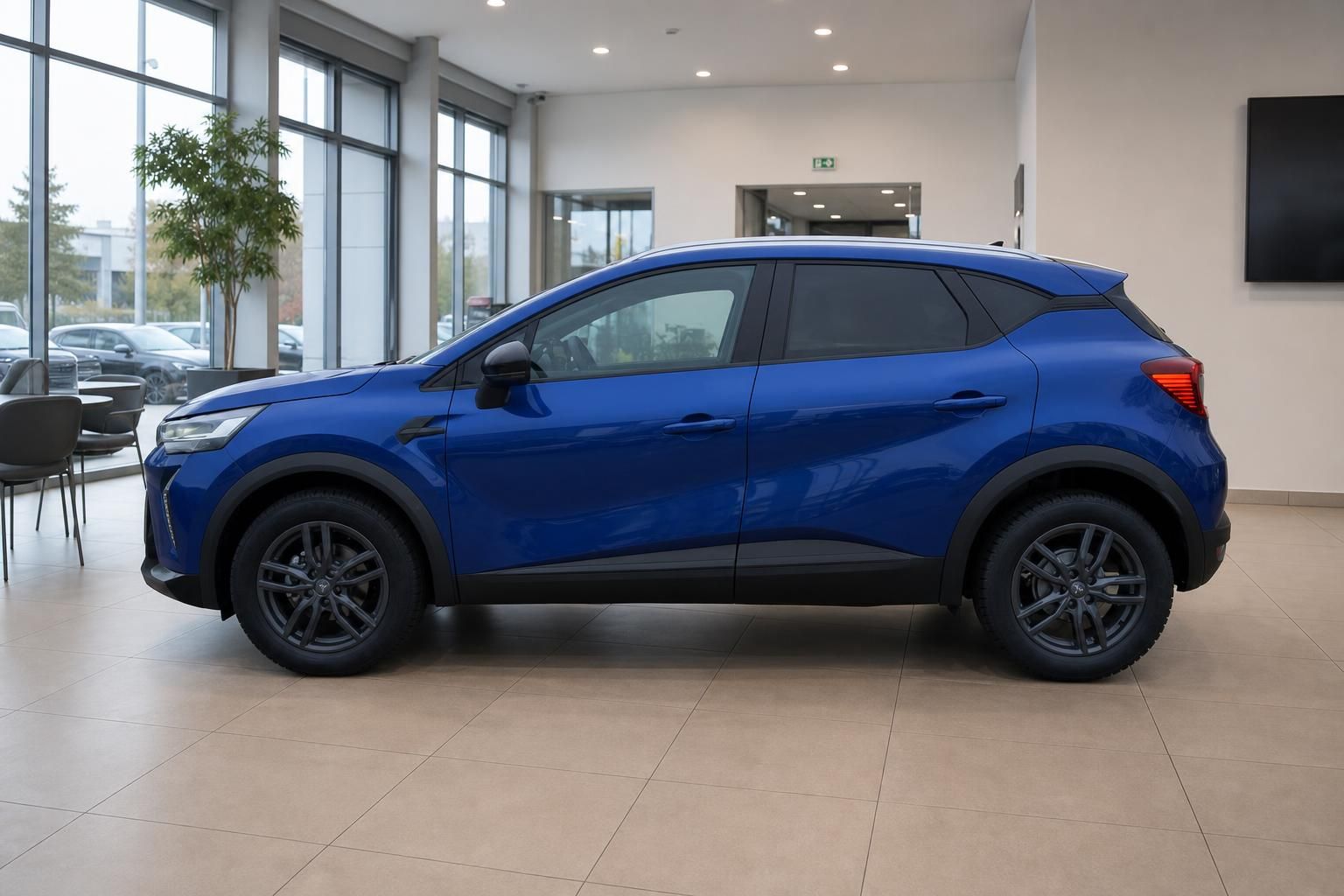 Blauer Mitsubishi Crossover SUV Seitenansicht im Autohaus Showroom mit dunklen Felgen