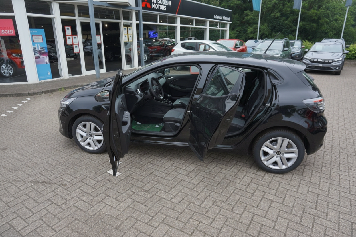 Schwarzer Renault Clio mit geöffneten Türen beim Händler – Seitenansicht