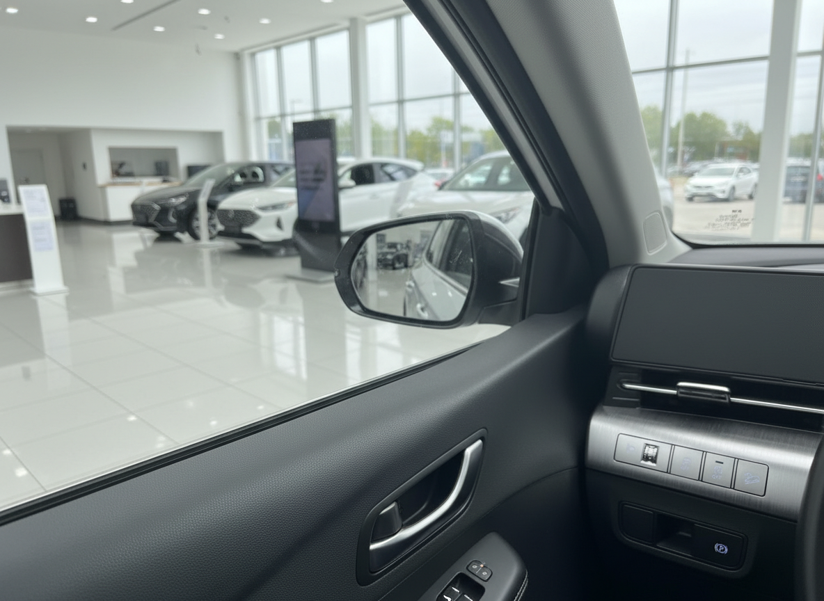 Fahrzeug-Innenraum mit Beifahrertür, Seitenspiegel und Blick in modernen Autohaus-Showroom