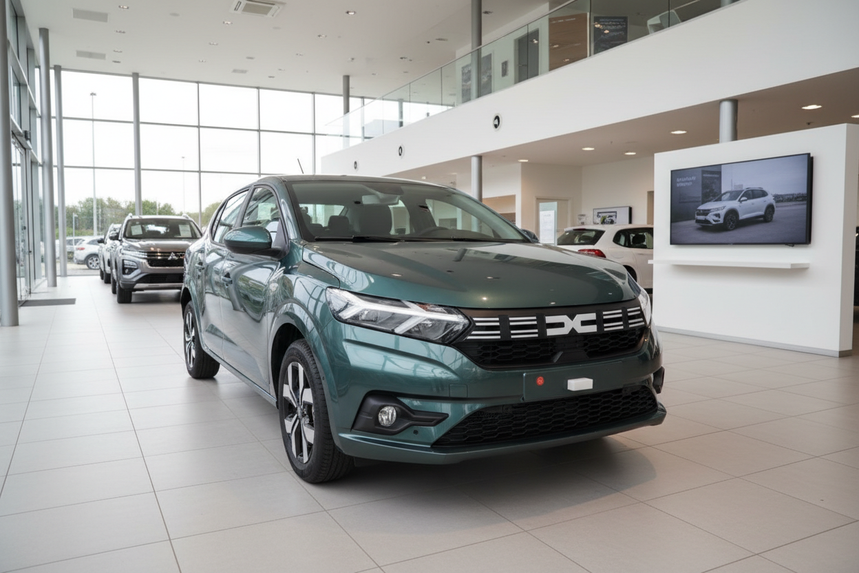 Dacia Sandero in Dunkelgrün im Autohaus Showroom – Frontansicht Neufahrzeug