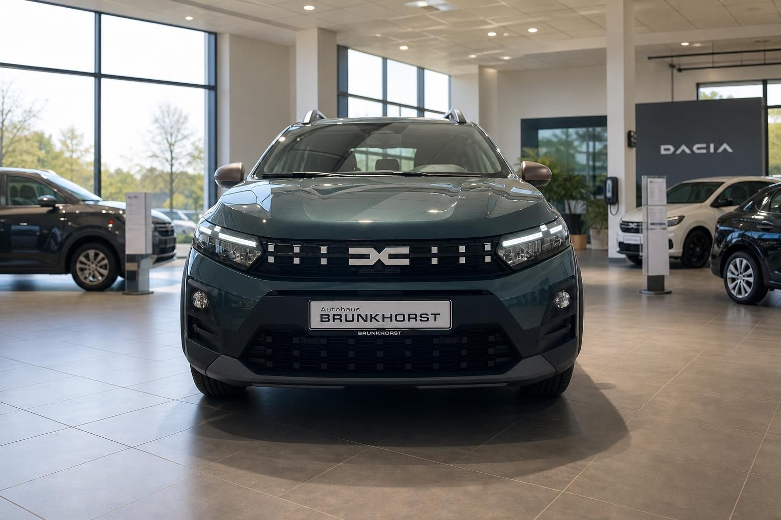 Dacia Sandero Frontansicht in Grün - modernes LED-Design und markante DC-Kühlergrill im Showroom