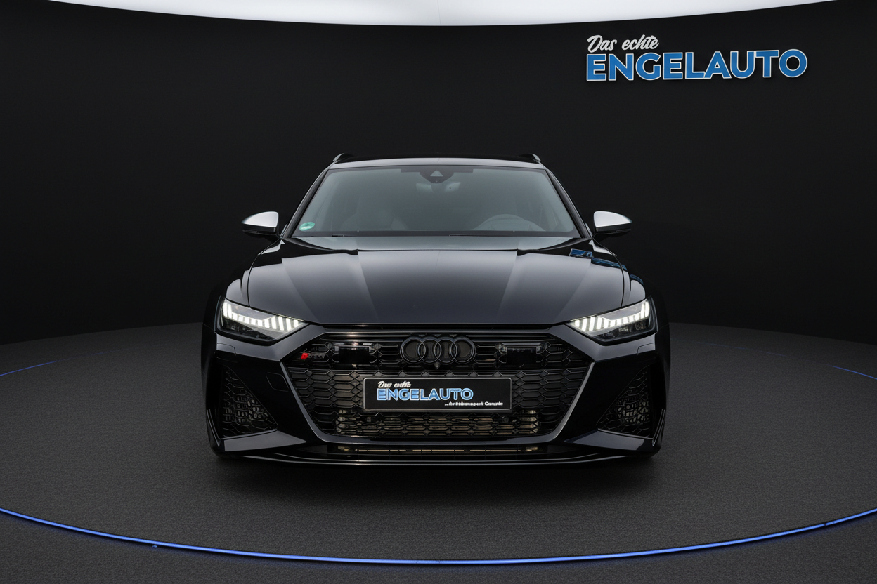 Schwarzer Audi RS6 Avant Frontansicht mit LED-Scheinwerfern und Singleframe-Grill im Showroom bei Engelauto Händler