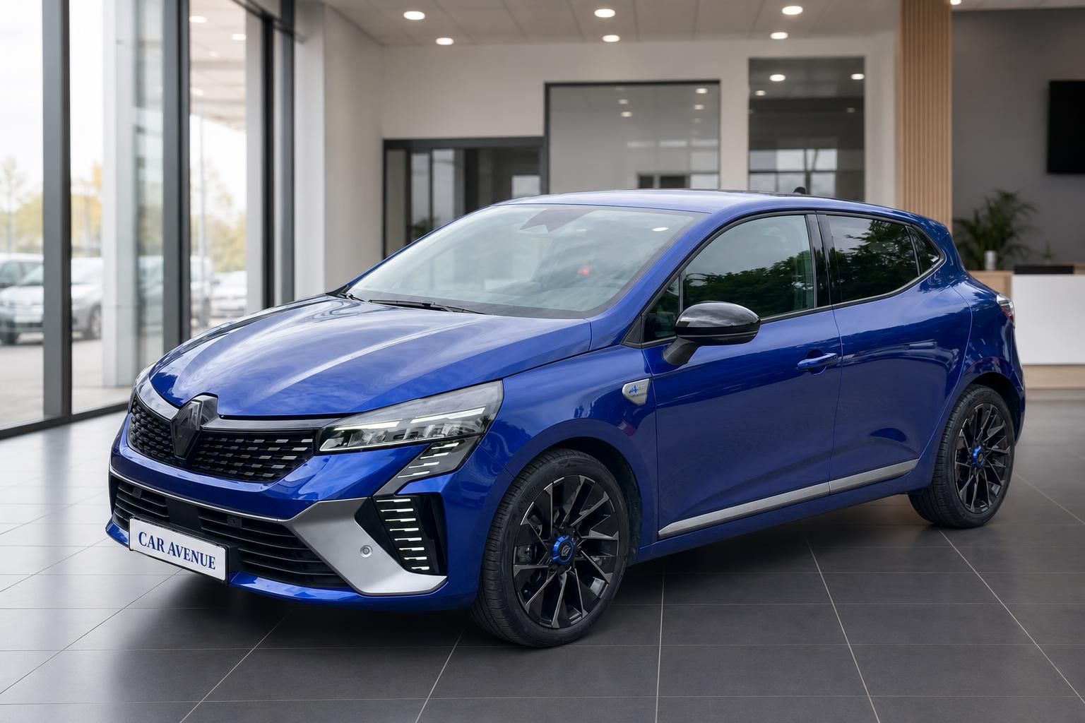 Renault Clio blau metallic Frontansicht im Autohaus Showroom
