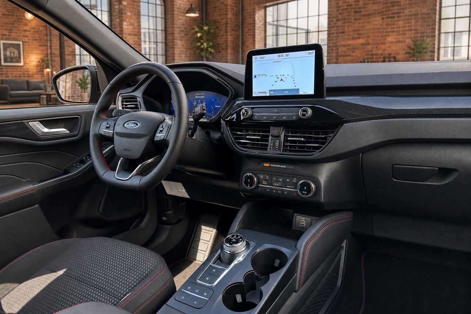 Ford Cockpit mit Lenkrad, Navigationssystem und schwarzem Interieur