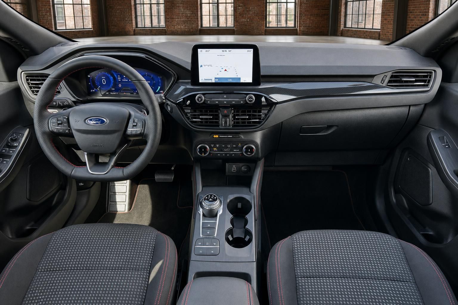 Ford Fahrzeuginnenraum mit Lenkrad, Sitzen und Touchscreen im Detail