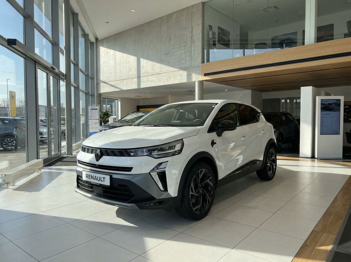 Weißer Renault Captur SUV im Autohaus Showroom, Frontansicht