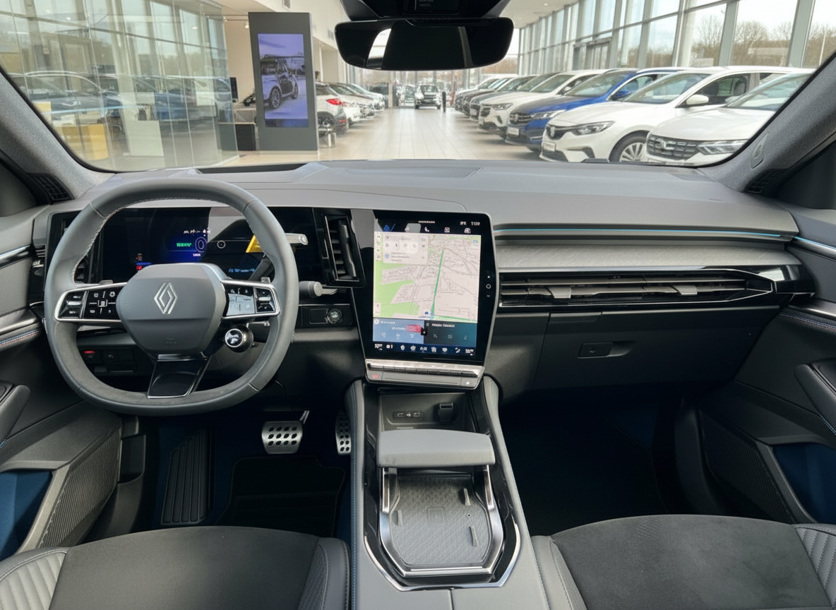 Renault Innenraum mit großem Touchscreen, digitalem Kombiinstrument und Ledersitze im Autohaus