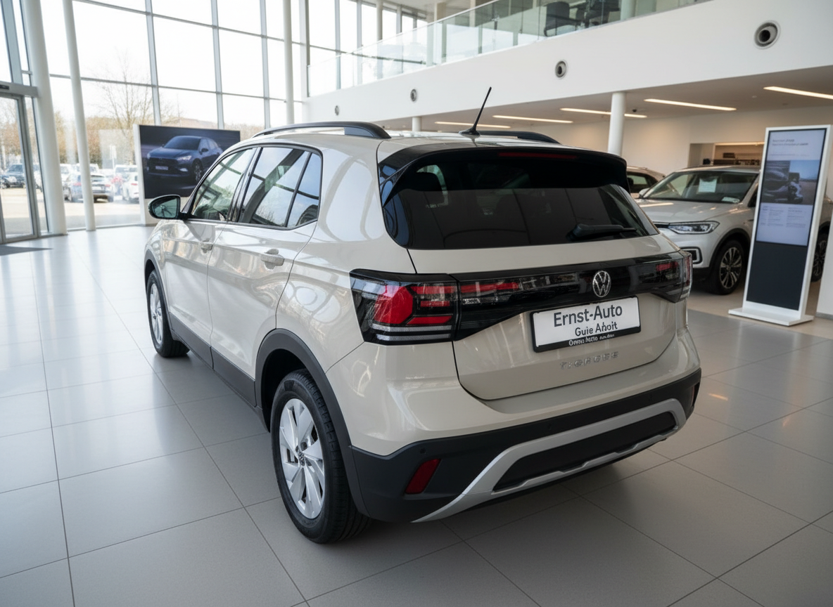 Volkswagen T-Cross in Weiß, Heckansicht im Autohaus Ernst-Auto