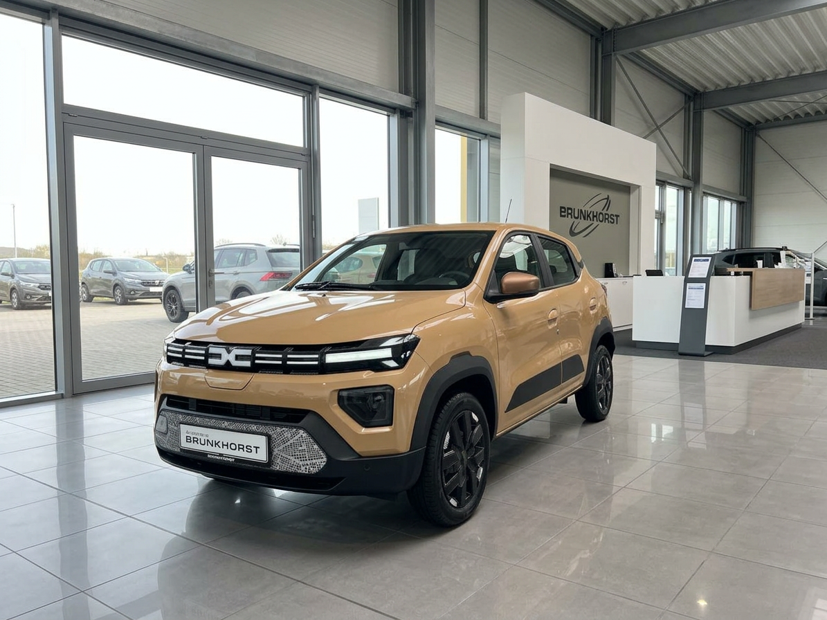 Dacia Spring Elektro in Sandfarbe im Autohaus Brunkhorst Showroom