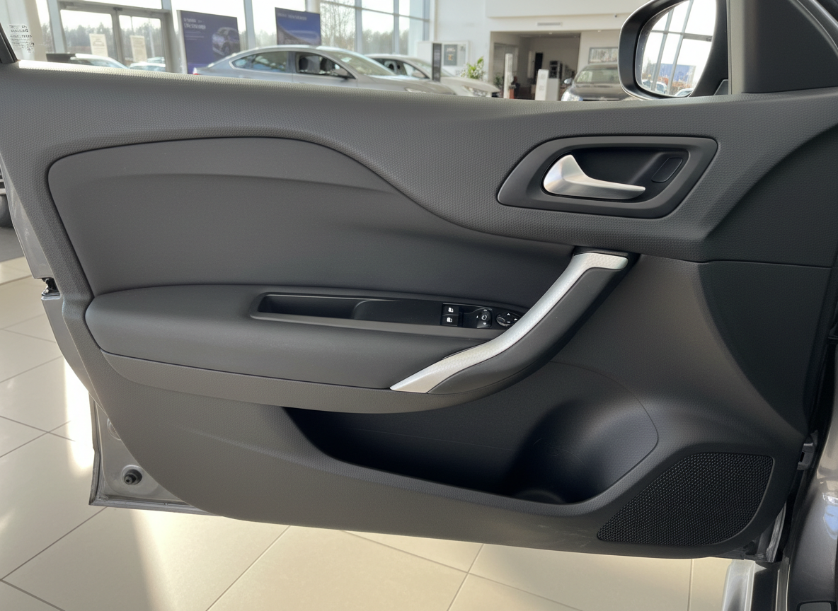 Fahrzeuginnenraum Fahrertür mit Türverkleidung in Grau, Fensterhebersteuerung und Türgriff