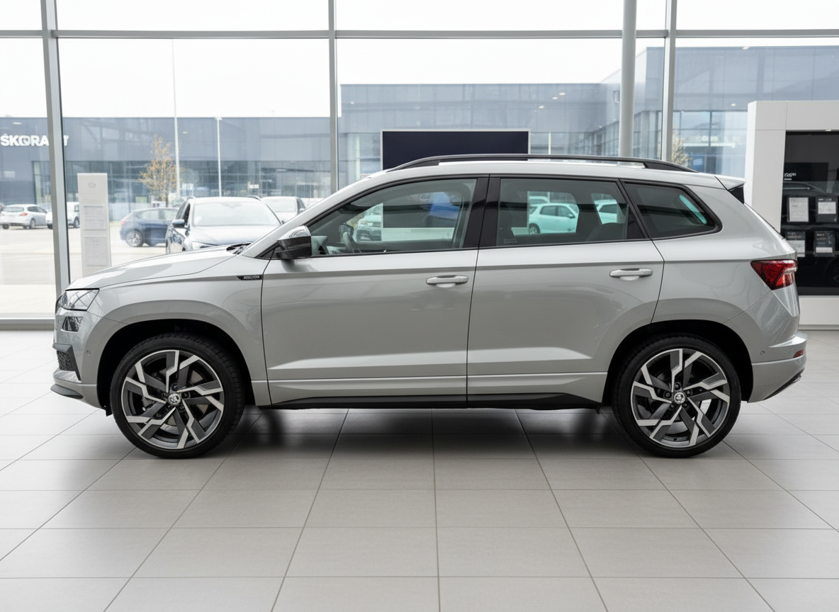 Škoda Karoq RS Sportline in Silber-Grau Seitenansicht im Autohaus Showroom