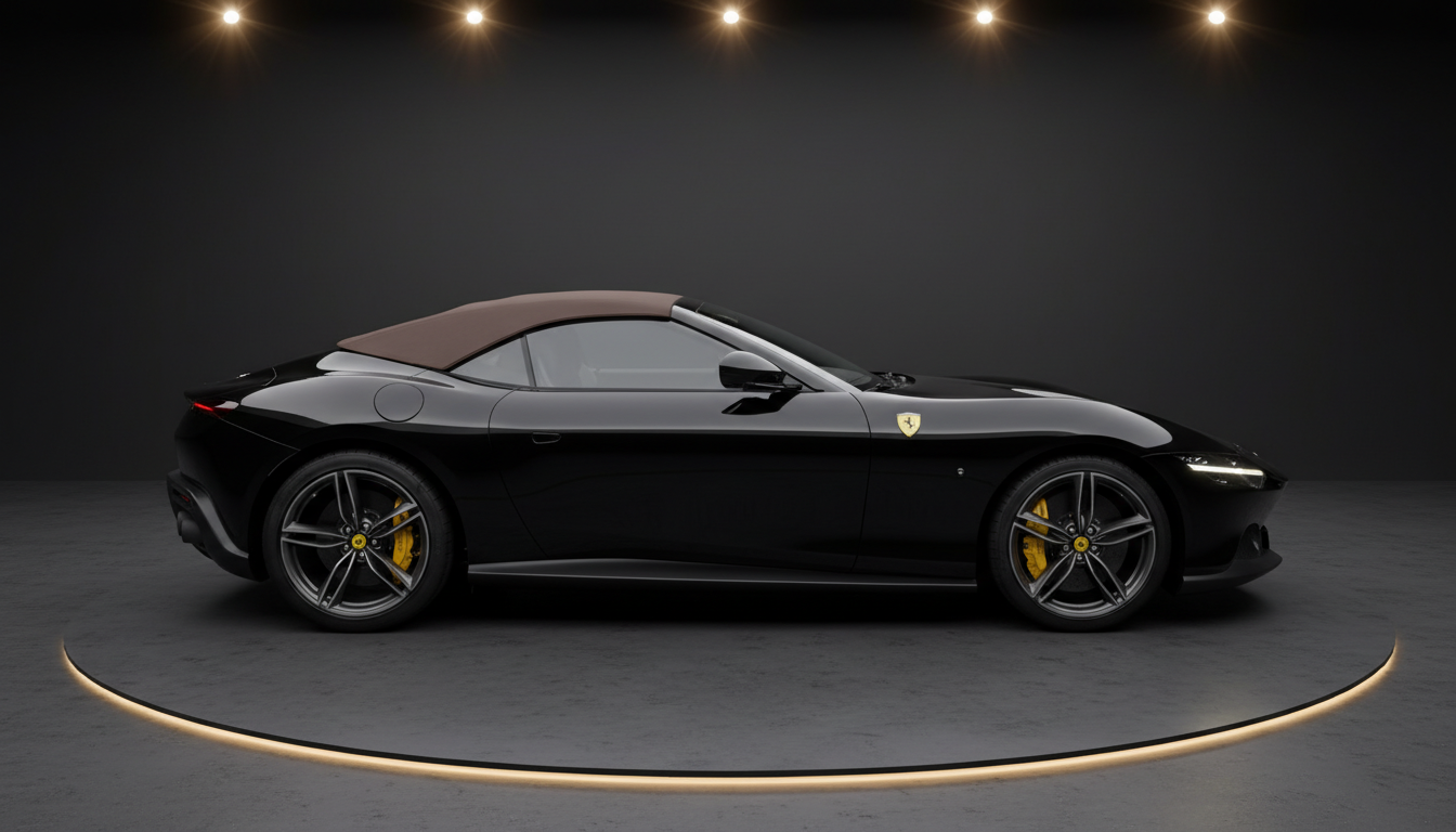Schwarzer Ferrari Roma Spider mit braunem Stoffverdeck in Seitenansicht auf beleuchteter Showroom-Plattform mit eleganter Studiobeleuchtung