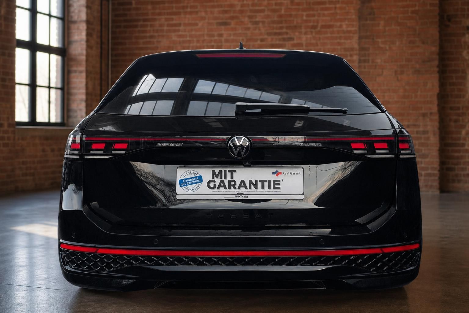 VW Passat Variant schwarz direkte Heckansicht mit Kennzeichenhalter Garantie