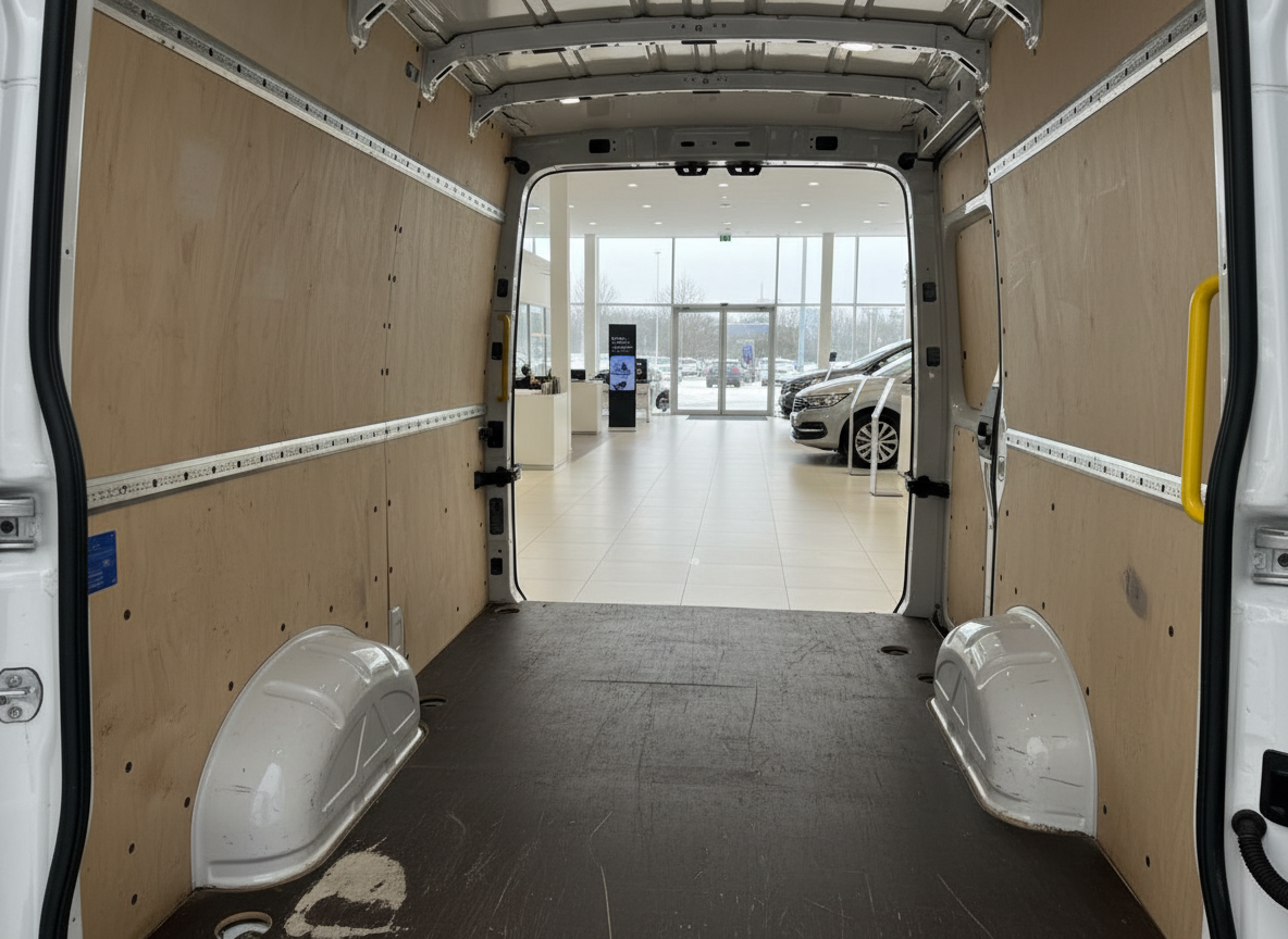Laderaum eines weißen Transporters mit Holzverkleidung, Blick in modernen Fahrzeugausstellungsraum