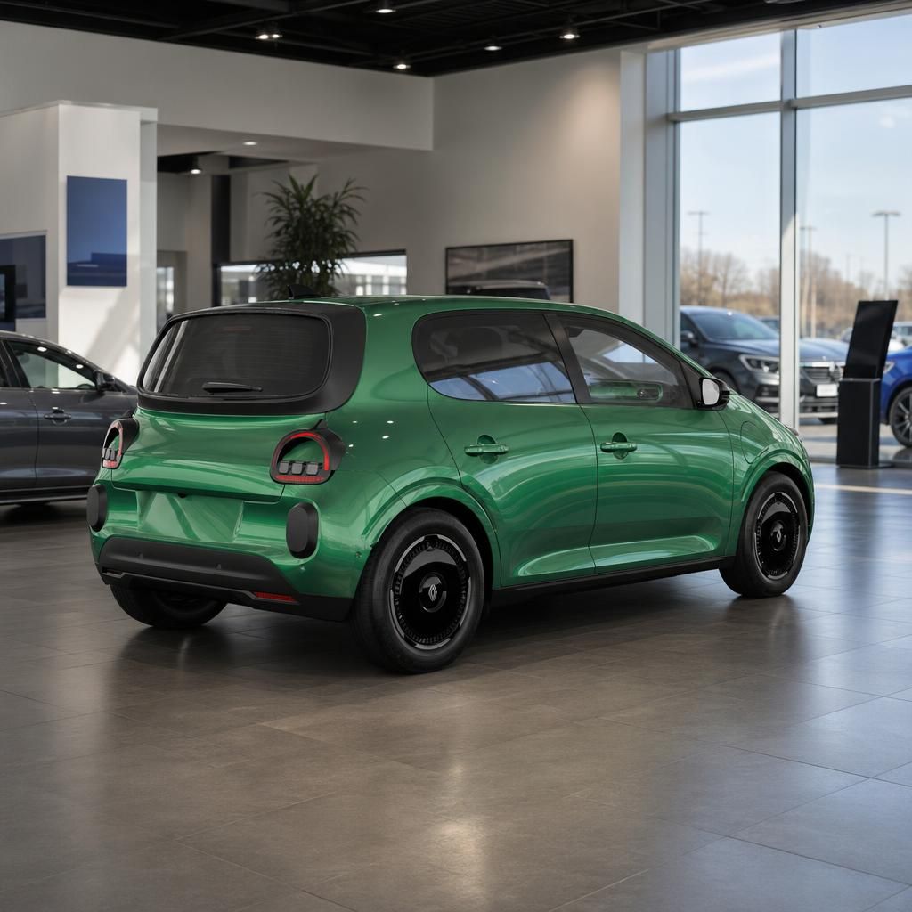 Grüner Renault Kompaktwagen Heckansicht im modernen Autohaus-Showroom