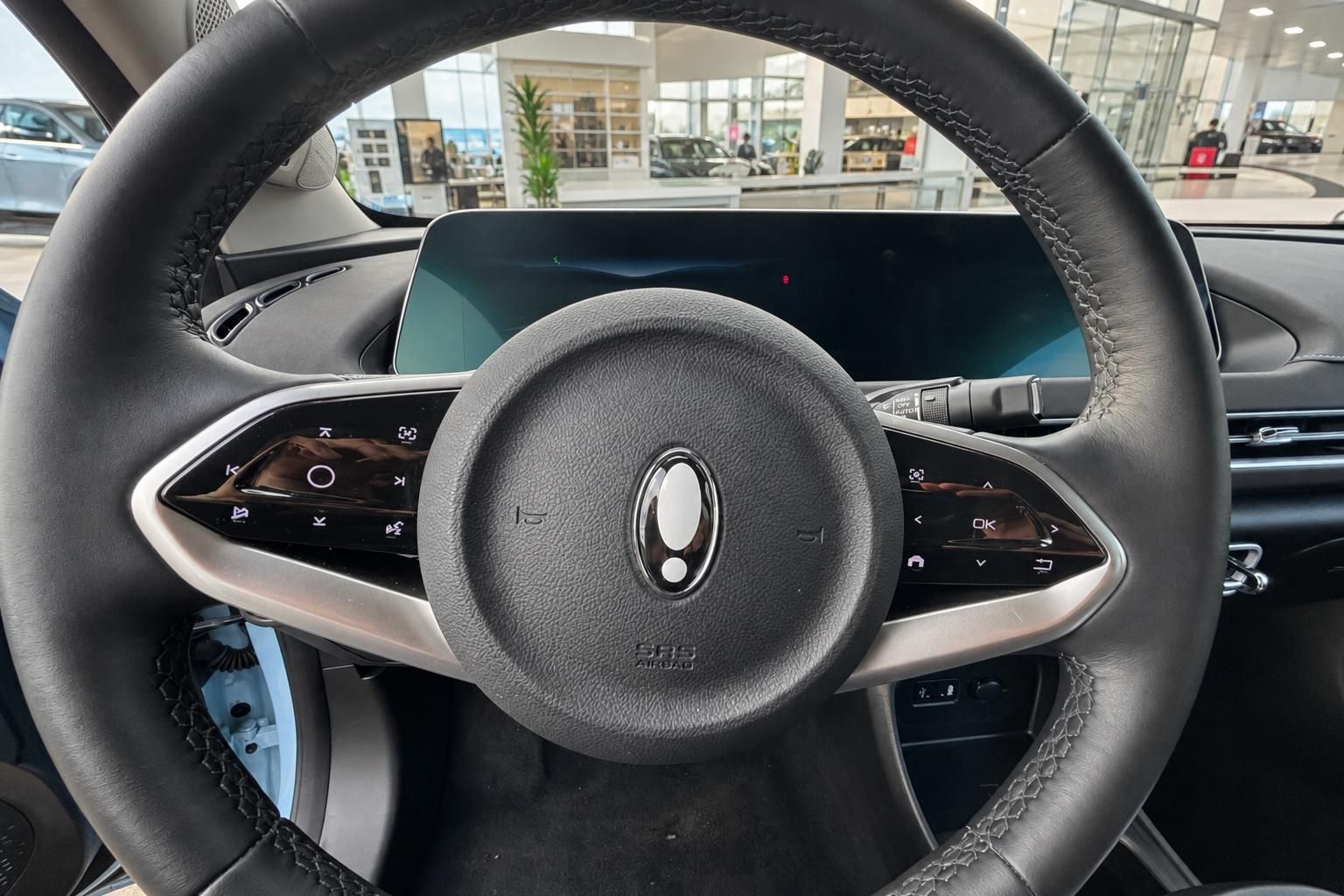 Fahrzeug Lenkrad Nahaufnahme mit Airbag-Logo und Multifunktionstasten