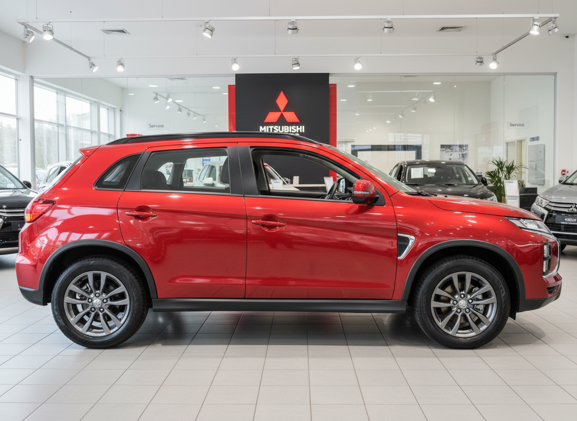Roter Mitsubishi ASX SUV in der Seitenansicht im Autohaus-Showroom