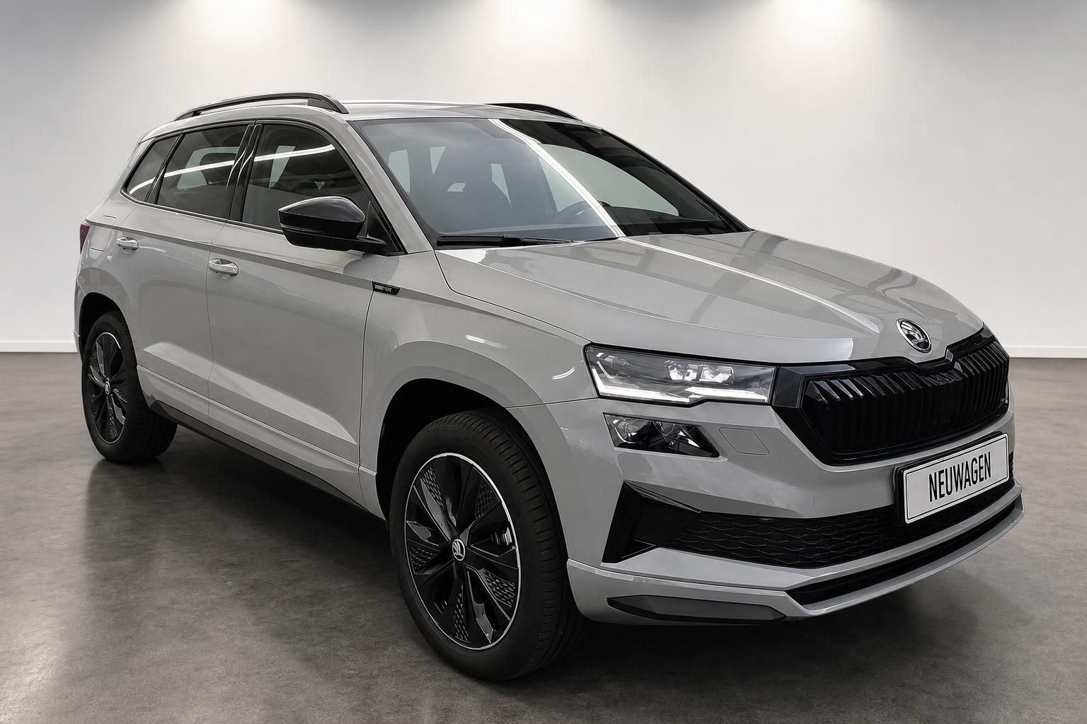 Skoda Karoq SUV silber Frontansicht seitlich als Neuwagen