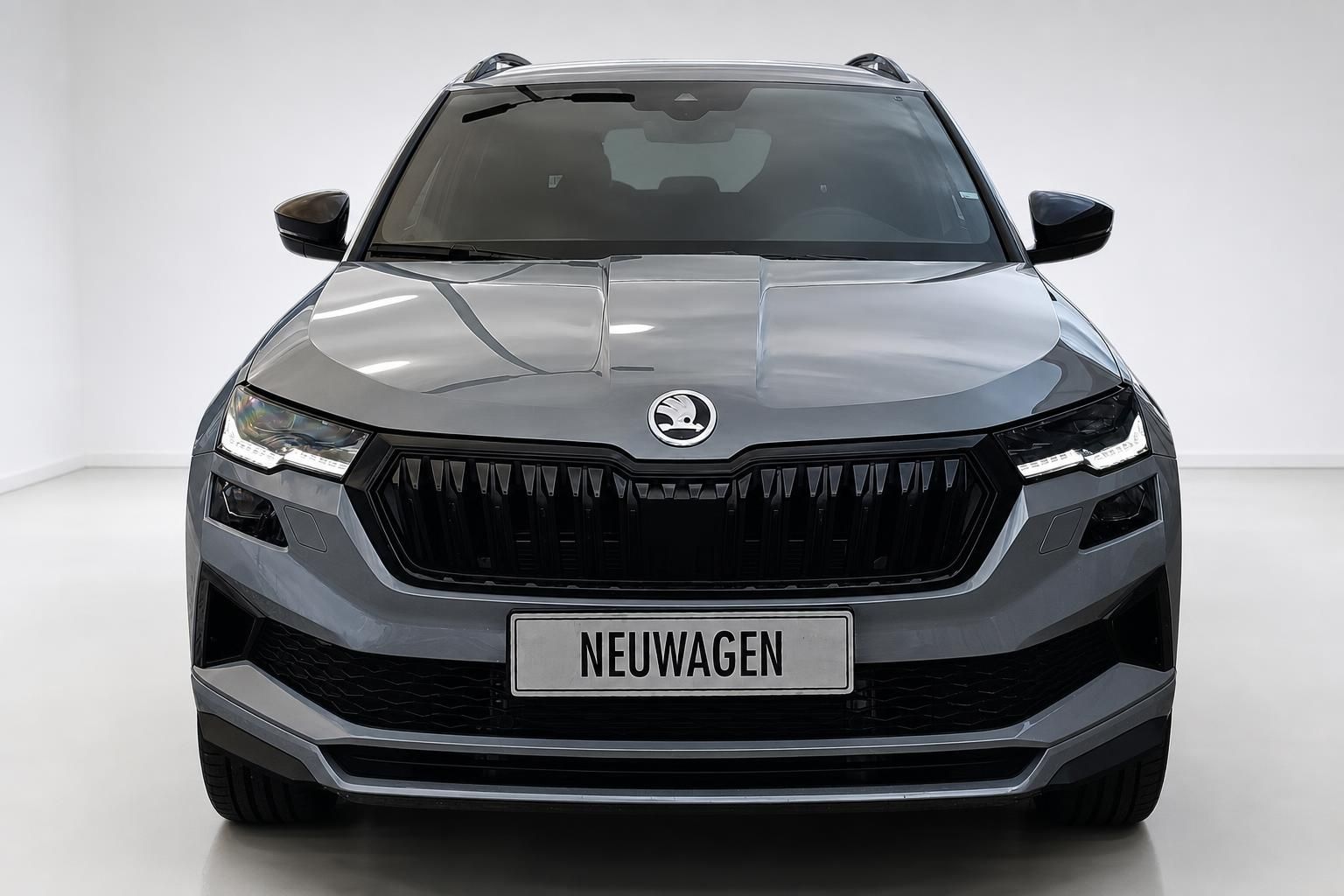 Skoda Karoq Frontansicht grau metallic Neuwagen im Studio