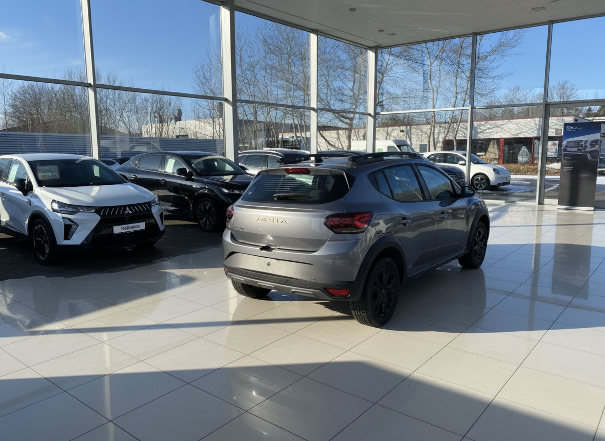 Dacia Sandero Stepway grau metallic Heckansicht im Autohaus Showroom