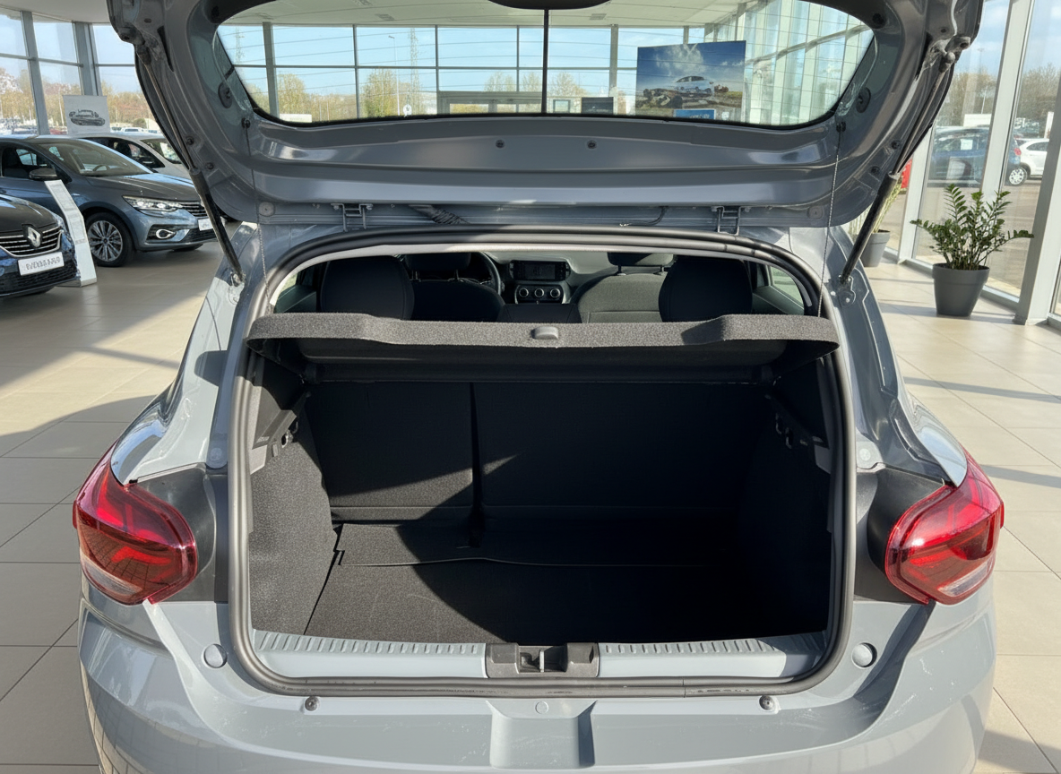 Grauer Kleinwagen Kofferraum geöffnet im Autohaus – Laderaum Ansicht von hinten